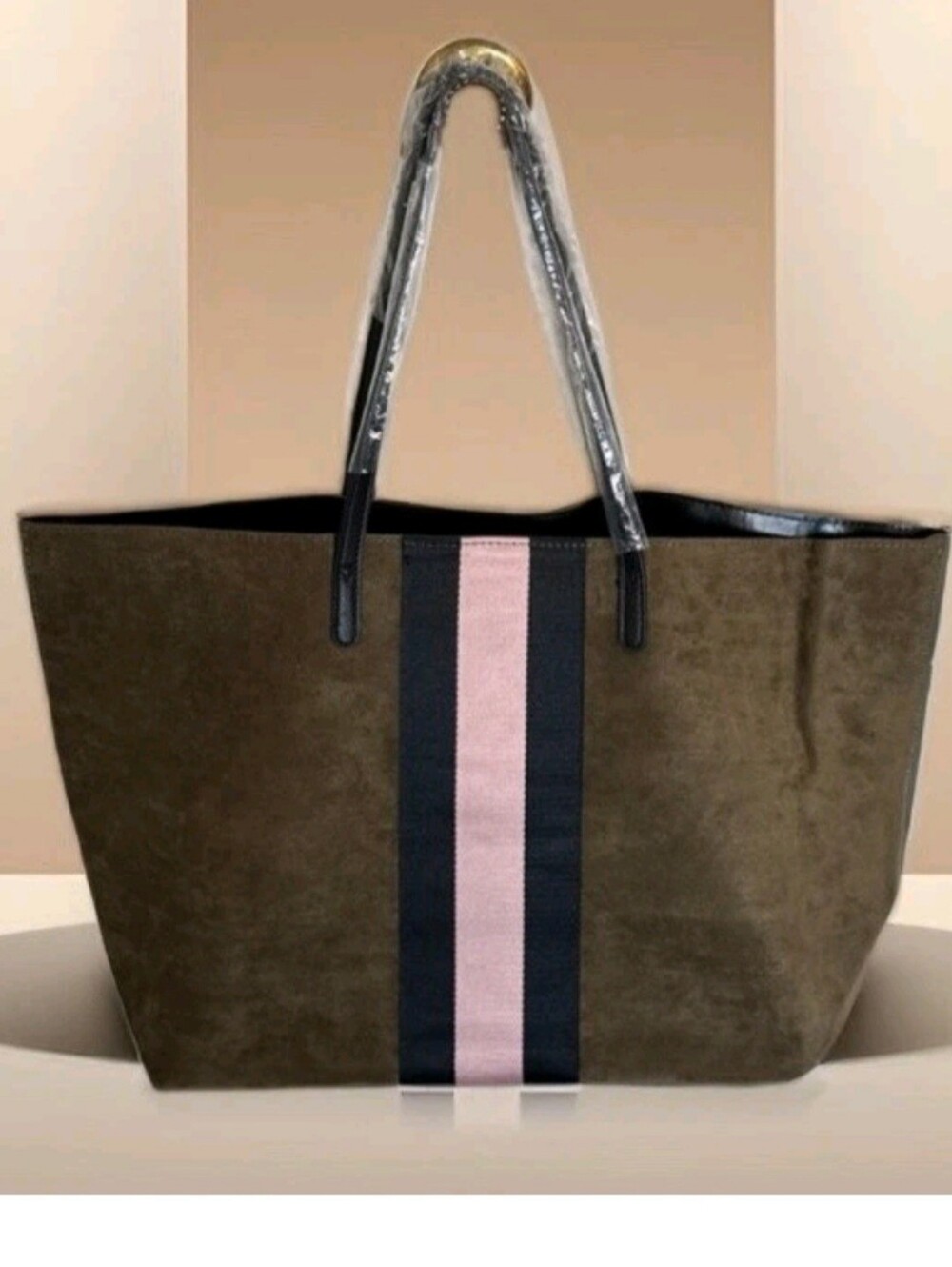 Neiman Marcus Olive Suede Tote with Navy and Pink Center Stripe